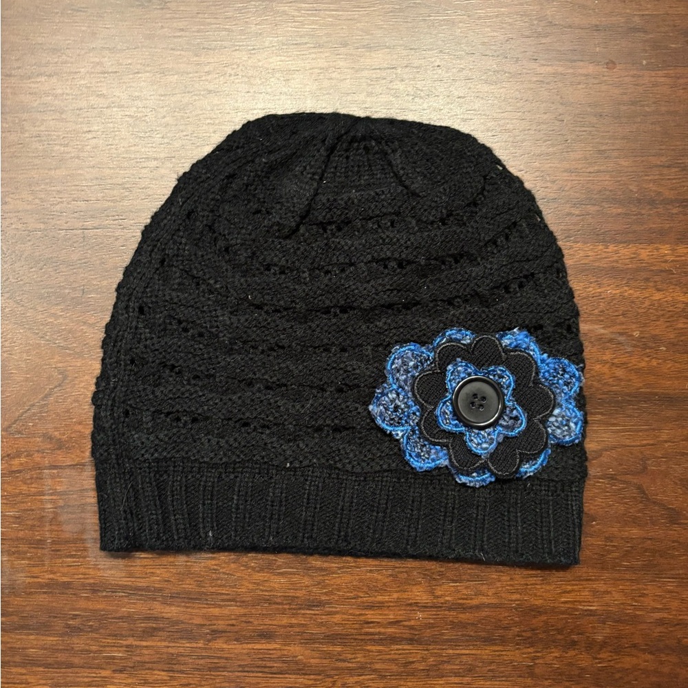 Black Knit Beanie with Blue Floral Accent